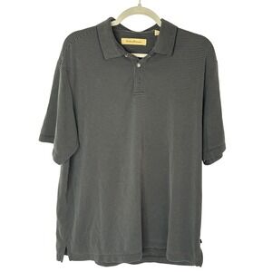 Tommy Bahama Mens Large Polo Shirt Grey Black Micro Stripe Textured Ribbed Knit